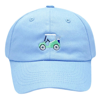 Add a playful touch to your look with the Golf Cart Baseball Hat by Bits & Bows—a light blue cotton twill hat featuring an embroidered green golf cart on the front.