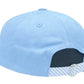 The Bits & Bows Golf Cart Baseball Hat in birdie blue cotton twill is shown from the back, highlighting its striped adjustable strap with a metal buckle.
