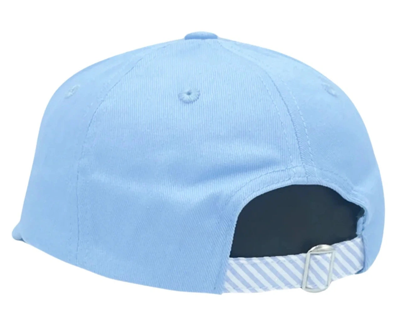 The Bits & Bows Golf Cart Baseball Hat in birdie blue cotton twill is shown from the back, highlighting its striped adjustable strap with a metal buckle.