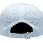 Back view of the Bits & Bows Blue Seersucker Football Baseball Hat, featuring light blue and white stripes, an adjustable strap, and metal buckle—ideal for adding a sporty touch to your look.