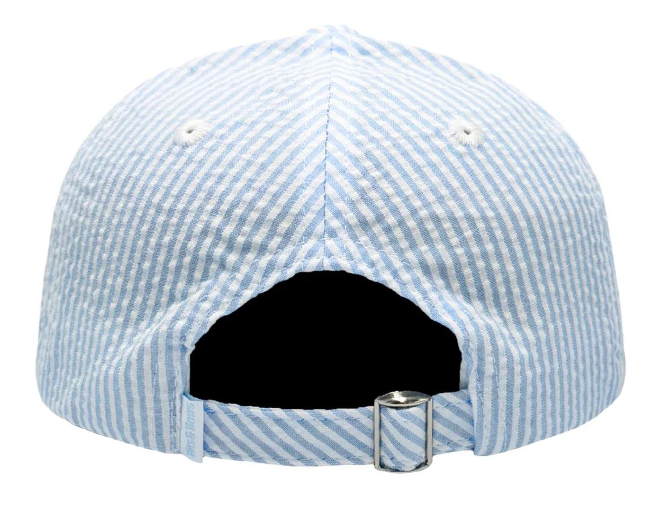 Back view of the Bits & Bows Blue Seersucker Football Baseball Hat, featuring light blue and white stripes, an adjustable strap, and metal buckle—ideal for adding a sporty touch to your look.