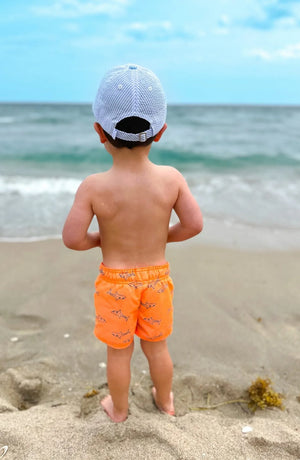 A young child in orange shark-print shorts and a Bits & Bows Blue Seersucker Football Baseball Hat stands on the sandy beach, facing the ocean.