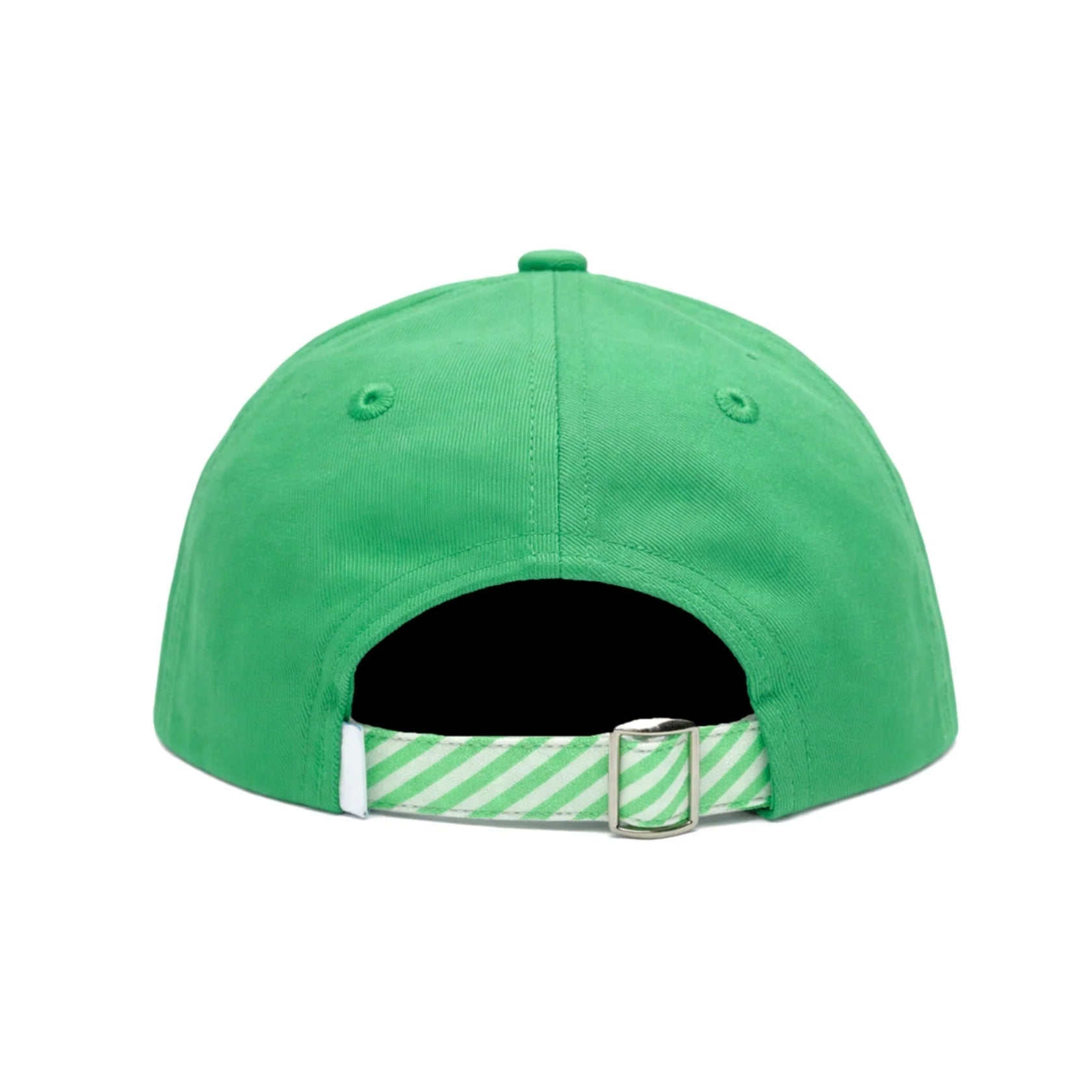 Bits & Bows Tee Time Hat in green, shown from the back, features a white and green striped adjustable strap with a metal buckle—perfect as a kids golf hat or sporty accessory.