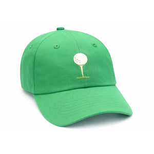 The Bits & Bows Tee Time Hat is a bright green kids’ hat featuring an embroidered white golf ball on a tee design on the front—perfect as a playful baby sun hat or fun accessory for little golfers.
