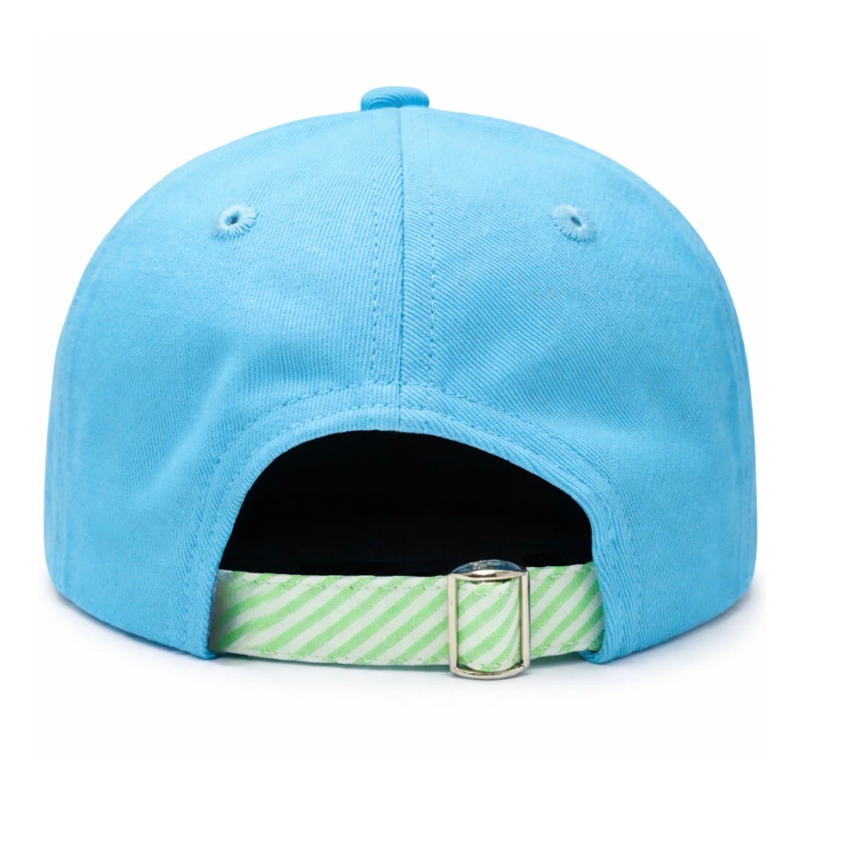 The Bits & Bows Turtle Hat is a blue children’s baseball cap displayed from the back, featuring a green and white striped adjustable strap with a metal buckle. This playful hat showcases an adorable sea turtle design, making it perfect for young explorers who love marine life.