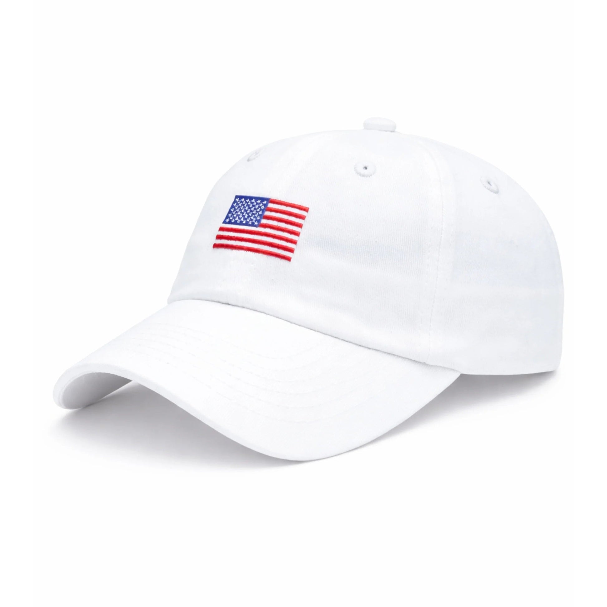 White baseball cap by Bits & Bows featuring a small embroidered American flag on the front, displayed against a plain white background. The American Flag Baseball Hat combines classic heritage style with everyday versatility, making it an ideal accessory for any outfit.