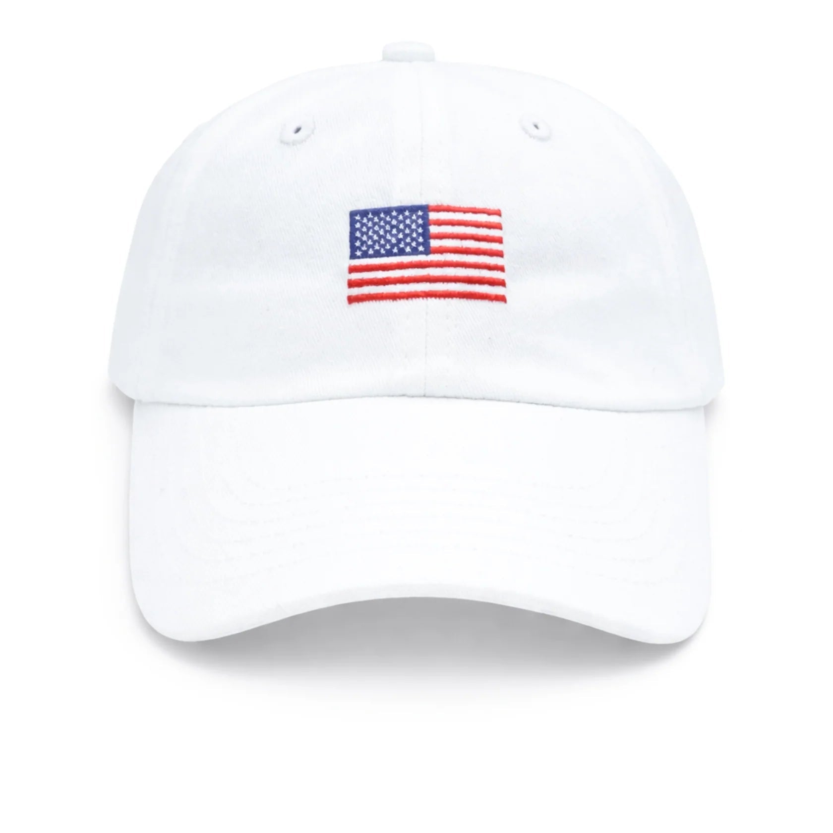The Bits & Bows American Flag Baseball Hat is a heritage-style cap in plain white, featuring a small embroidered American flag on the front center.