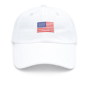 The Bits & Bows American Flag Baseball Hat is a heritage-style cap in plain white, featuring a small embroidered American flag on the front center.