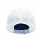Back view of the Bits & Bows American Flag Baseball Hat in a classic white heritage style, featuring an adjustable blue and white striped strap with metal buckle, and finished with an embroidered American flag above the opening.