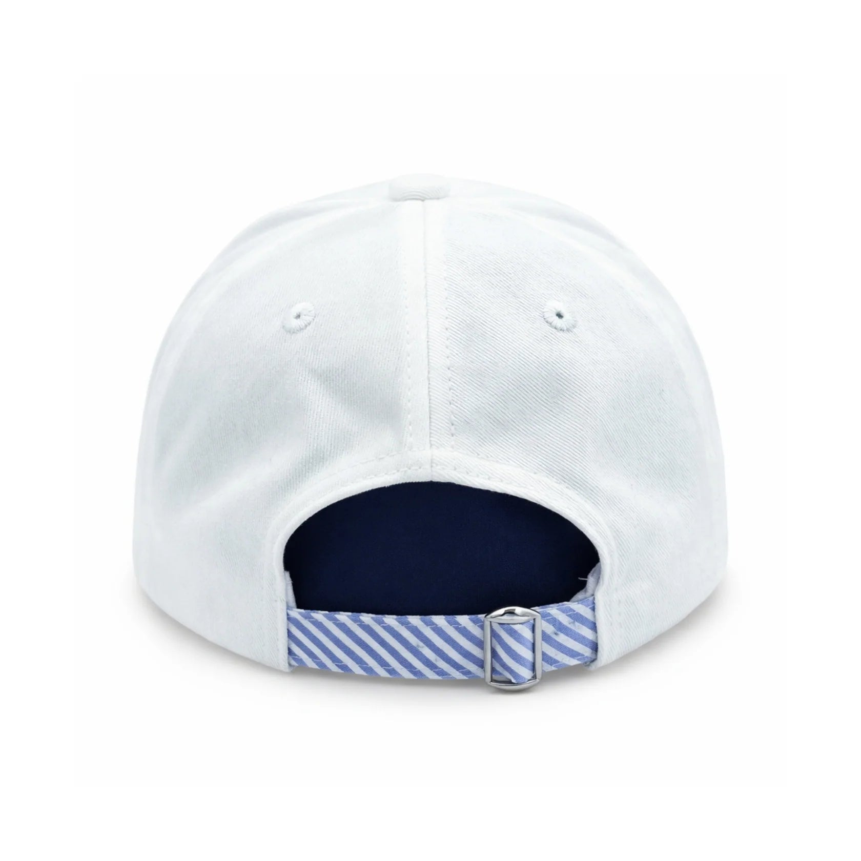 Back view of the Bits & Bows American Flag Baseball Hat in a classic white heritage style, featuring an adjustable blue and white striped strap with metal buckle, and finished with an embroidered American flag above the opening.