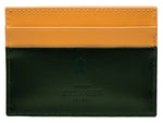 The Bridle Flat Credit Card Case by Ettinger is a two-tone leather accessory in yellow and dark green, made from bridle hide. It includes compartments for cards and embossed text: "Ettinger London" and "ESTD 1934.