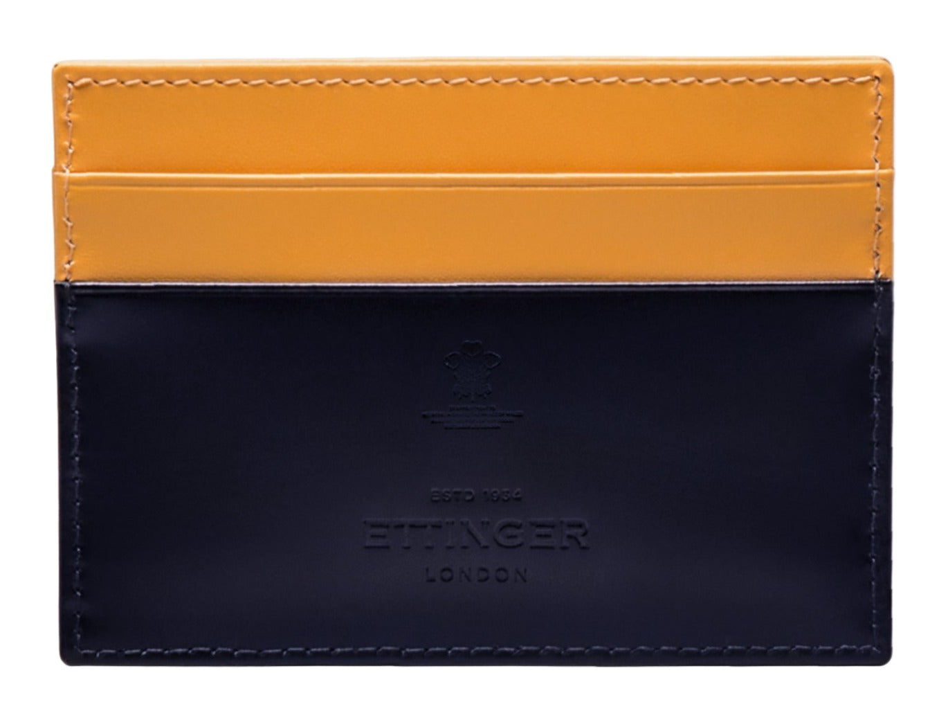 The Ettinger Bridle Flat Credit Card Case, made from luxurious bridle hide leather, features a yellow top and black bottom with multiple card slots and embossed branding in the center.