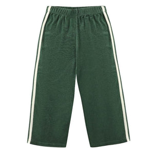 Rylee & Cru Baby Girls' and Girls' Track Pant in green with wide-leg design, sport comfort, elastic waistband, and white side stripes, shown flat on a white background.
