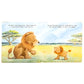 The Jellycat "The Very Brave Lion Book" features an illustration of a large lion and small cub in a grassy savanna, with text above each that captures the cub's doubts about being king and his quiet roar, reflecting the book’s poetic charm.