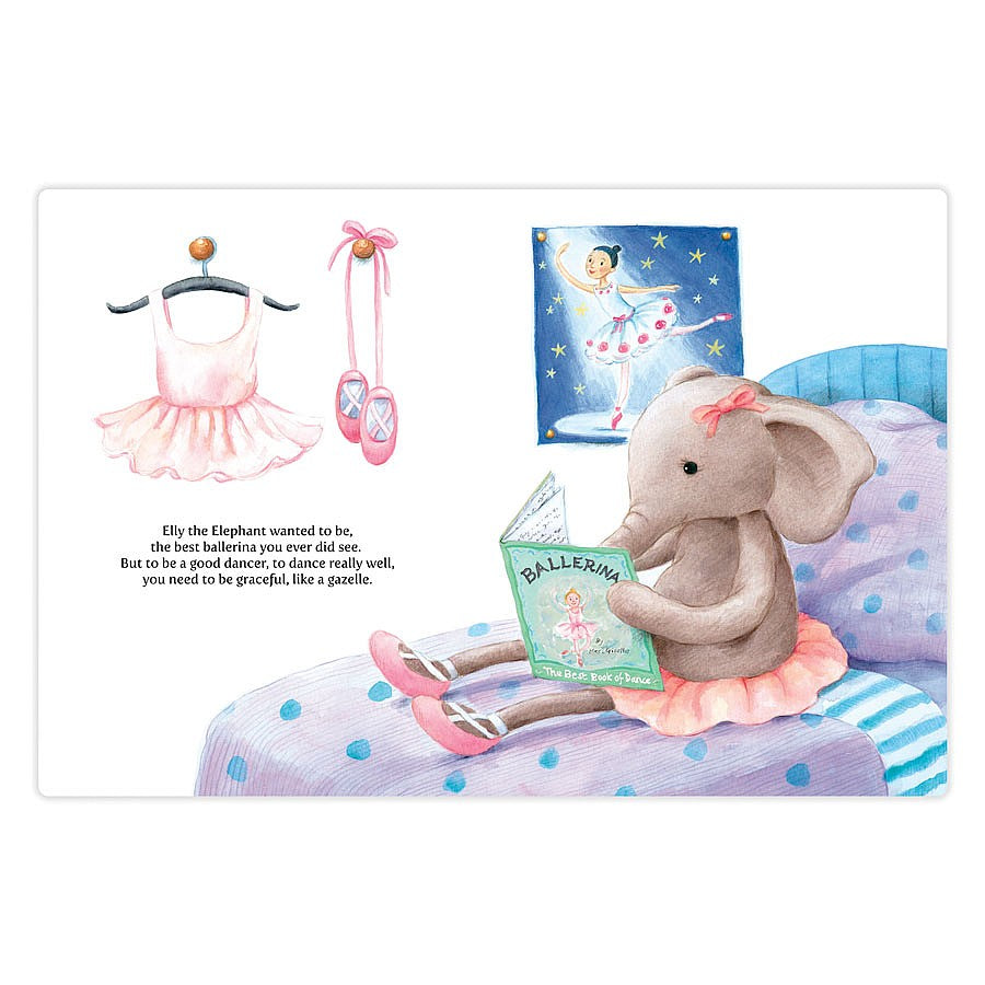 Elly Ballerina Book from Jellycat. Elly the elephant reading a book about how to be the best ballerina.