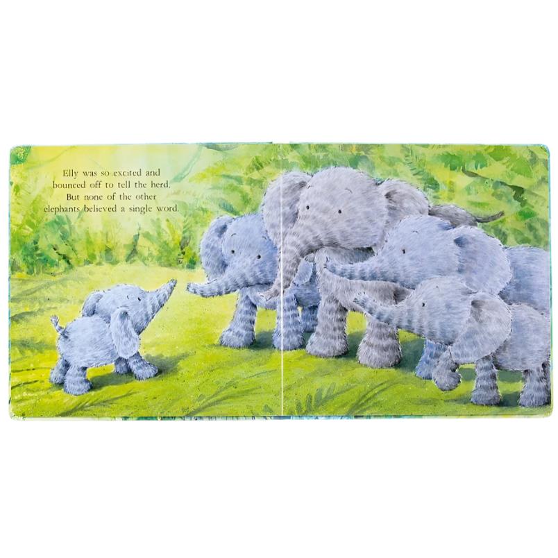 Elephants can't fly book from Jellycat. Blue elephant against a tropical rainforest background.