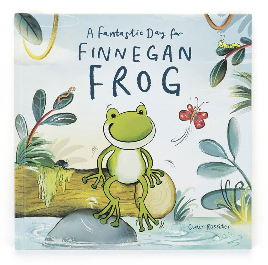 Cover of the **Jellycat A Fantastic Day For Finnegan Frog Book** by Clair Rossiter, featuring an illustration of a smiling frog sitting on a log surrounded by plants and insects.