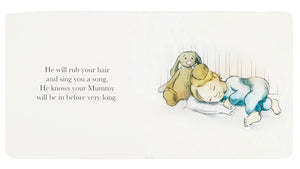 An illustration from The Magic Bunny Book by Jellycat shows a child sleeping on a pillow with a stuffed bunny, alongside the text: "He will rub your hair and sing you a song, He knows your Mummy will be in before very long.
