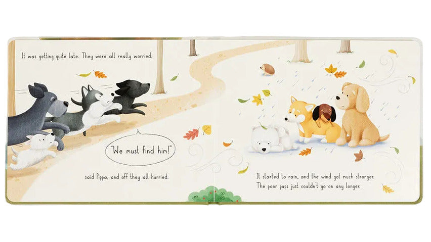 An illustration from the Jellycat "Munro in the Middle" book shows Munro and four pups running along a path, then huddling in the rain as the story narrates their search and the worsening weather.