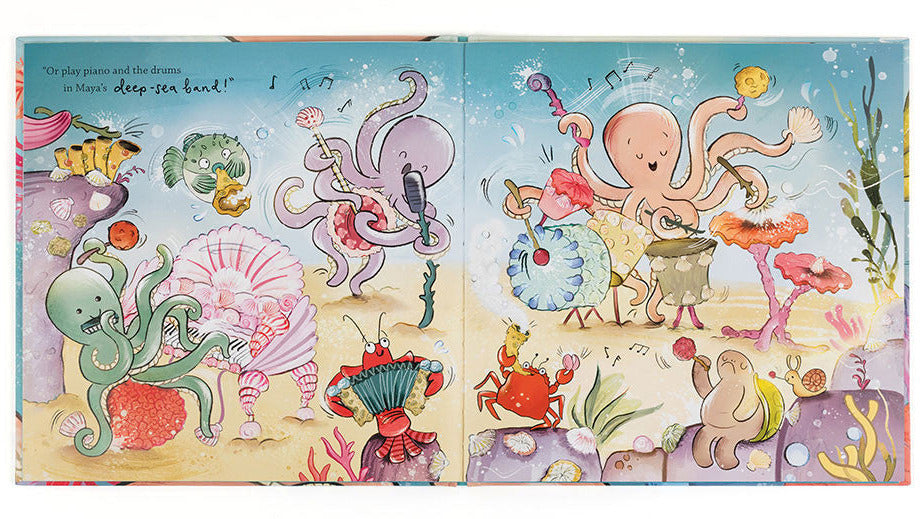 Illustration for Odell’s Amazing Arms Book by Jellycat: sea creatures playing instruments underwater, ideal for celebrating music, fun, and self-acceptance.
