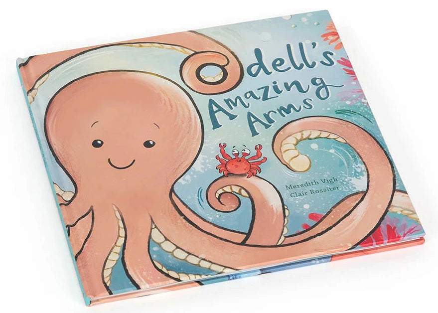 Odell’s Amazing Arms Book by Jellycat is a children’s picture book featuring an illustrated smiling octopus and a small red crab on the cover.