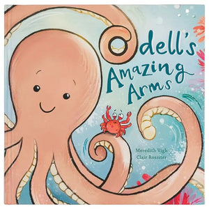 Cheerful children’s book cover for Odell’s Amazing Arms Book by Jellycat, featuring a smiling octopus, a red crab, and vibrant underwater plants.