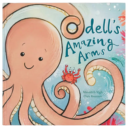 Cheerful children’s book cover for Odell’s Amazing Arms Book by Jellycat, featuring a smiling octopus, a red crab, and vibrant underwater plants.