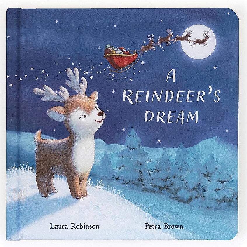 Mitzi Reindeer's Dream Book by Jellycat with blue background featuring a moon, reindeer and Santa's Sleigh in the sky.