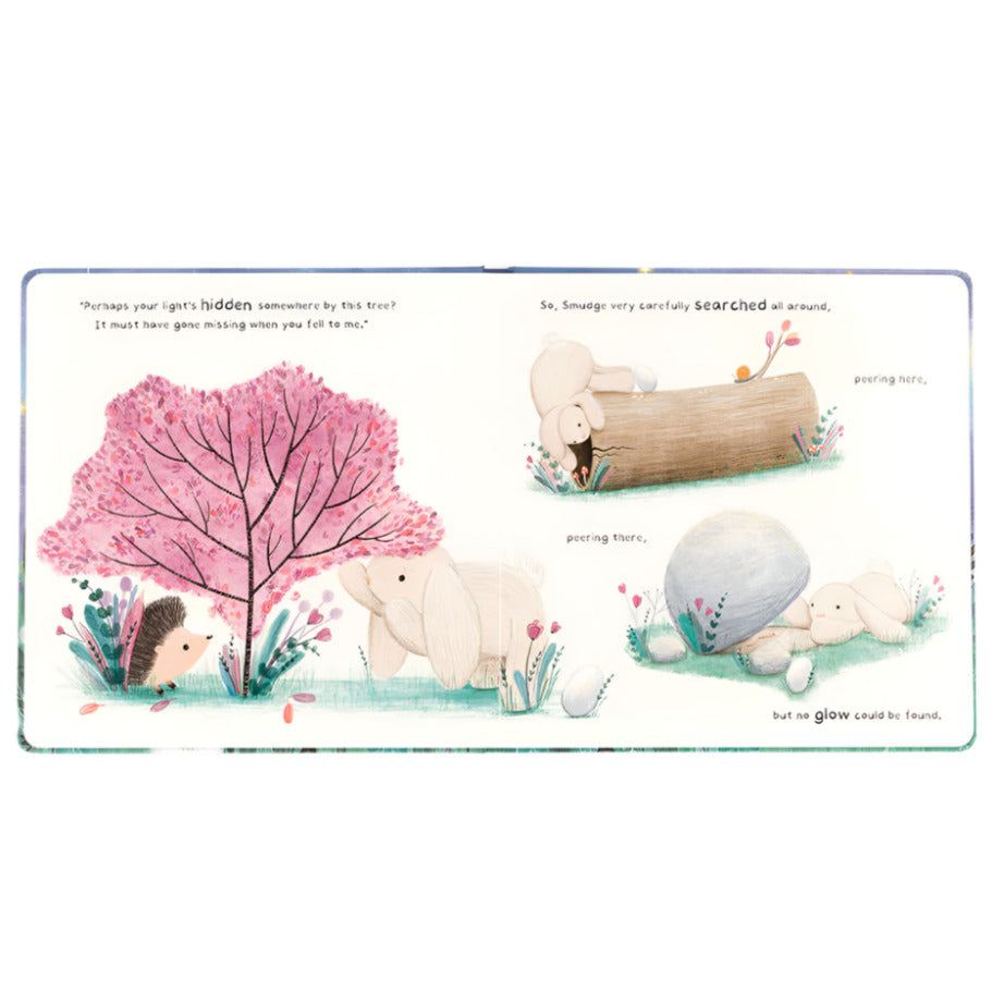 In the Jellycat Smudge Rabbit and the Falling Star Book, animals like Smudge Rabbit and a hedgehog explore under a tree and around a log, discussing night mysteries. Their journey is lit by a falling star, adding magic to their whimsical conversation.