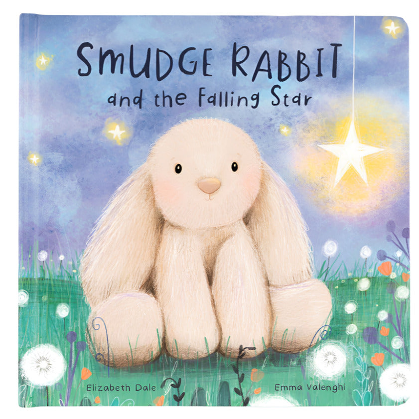 The Jellycat Smudge Rabbit and the Falling Star Book features an illustrated rabbit in a grassy field under a starry sky, making it a perfect bedtime tale to spark young imaginations.