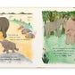 Illustrated book pages showing elephants. On the left, baby elephant follows herd seeking a snack in grassy landscape. On the right, Littlest Elephant can't reach trees while herd eats leaves. Perfect for young readers, this rhyming story captures a delightful adventure in each page. The Jellycat Smudge The Littlest Elephant Book by Jellycat is an enchanting read for children!