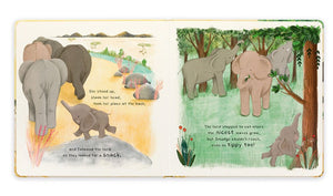 Illustrated book pages showing elephants. On the left, baby elephant follows herd seeking a snack in grassy landscape. On the right, Littlest Elephant can't reach trees while herd eats leaves. Perfect for young readers, this rhyming story captures a delightful adventure in each page. The Jellycat Smudge The Littlest Elephant Book by Jellycat is an enchanting read for children!