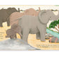 Illustrated scene of a herd of elephants with a baby elephant named Smudge bumping her trunk on an adult elephant's rump near a river. Text describes the Littlest Elephant and the herd looking at the view, perfect for young readers to enjoy in this delightful rhyming story. Product Name: Jellycat Smudge The Littlest Elephant Book Brand Name: Jellycat