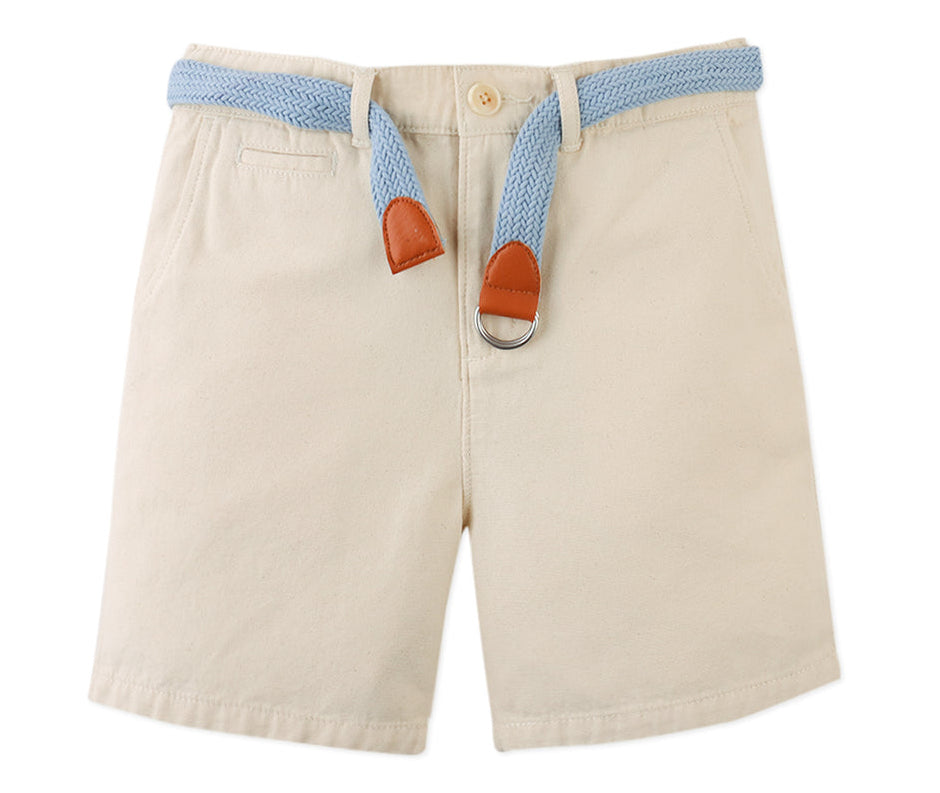 The Gingersnaps Boys' Blaine Shorts feature beige canvas fabric, front pockets, button and zipper closure, and come with a light blue braided cotton belt with brown leather accents.