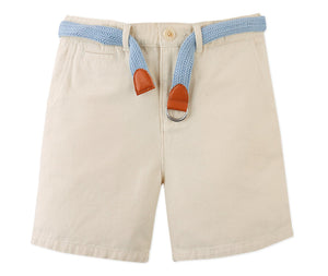 The Gingersnaps Boys' Blaine Shorts feature beige canvas fabric, front pockets, button and zipper closure, and come with a light blue braided cotton belt with brown leather accents.