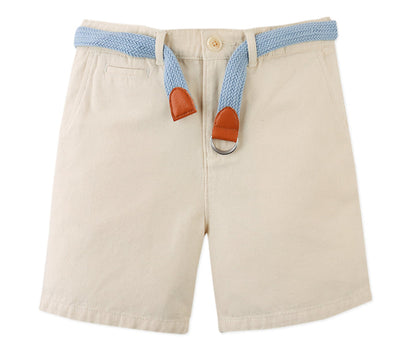 The Gingersnaps Boys' Blaine Shorts feature beige canvas fabric, front pockets, button and zipper closure, and come with a light blue braided cotton belt with brown leather accents.