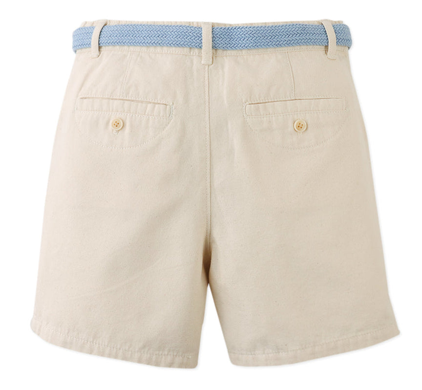 Gingersnaps Boys' Blaine Shorts with Braided Belt feature beige canvas, two back pockets, button closures, and a light blue braided cotton belt—ideal kids’ outdoor shorts for everyday play.
