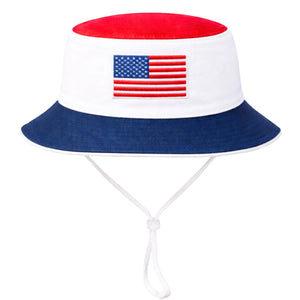 Revised Description: The Bits & Bows American Flag Bucket Hat is a reversible hat featuring a red top, white middle embroidered with an American flag, and a blue brim. With an adjustable chin strap for a secure fit, this stylish bucket hat is perfect for displaying your patriotic spirit while staying protected from the sun.