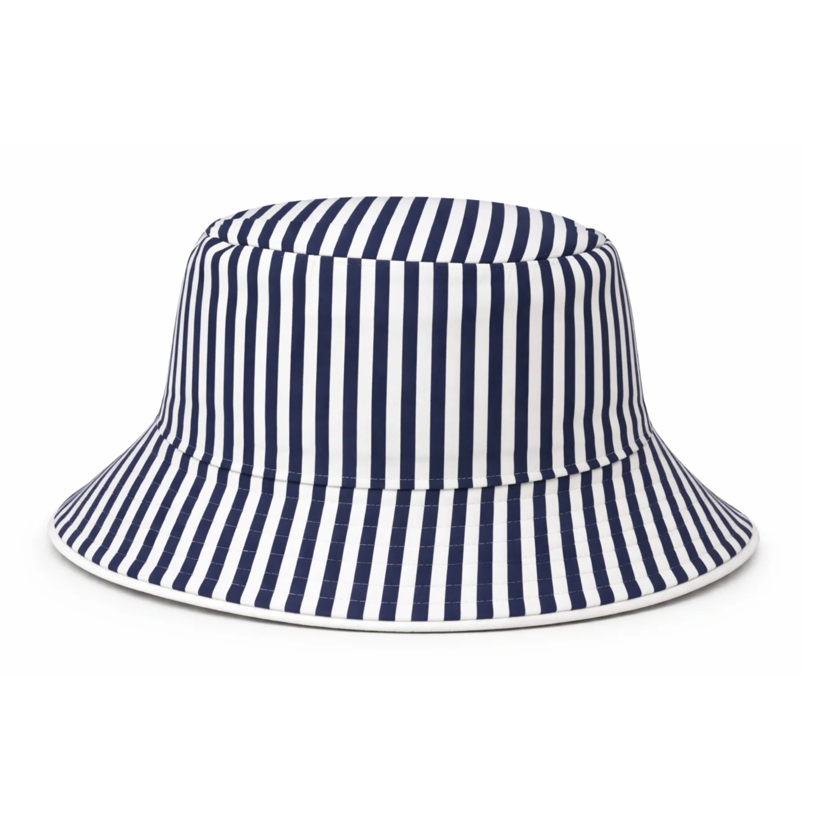 Introducing the American Flag Bucket Hat by Bits & Bows: a reversible bucket hat featuring vertical navy blue and white stripes with a slightly flared brim—perfectly blending classic style with practical sun protection.