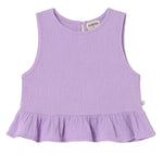 The Cozmo Girls' Blair Top is a sleeveless lavender peplum with a ruffled hem, made from textured cotton gauze and finished with a back button closure.