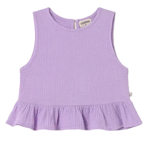 The Cozmo Girls' Blair Top is a sleeveless lavender peplum with a ruffled hem, made from textured cotton gauze and finished with a back button closure.