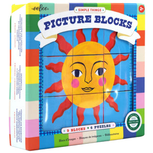 Eeboo Simple Things Picture Blocks: a 9-block set with a sun face cover. Stack and solve 6 different image puzzles. For ages 2 and up.