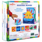 Back of the Eeboo Simple Things Picture Blocks box displays nine illustrated stackable blocks and six puzzles, featuring images like a sun, cat, fish, snail, and a child’s hand stacking the pieces.