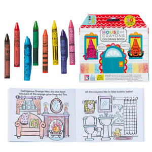 The Bright Stripes House of Crayons set includes eight jumbo crayons and an open coloring book filled with whimsical illustrations such as a cozy fireplace and a bubbly bath, inviting creativity for all color enthusiasts.