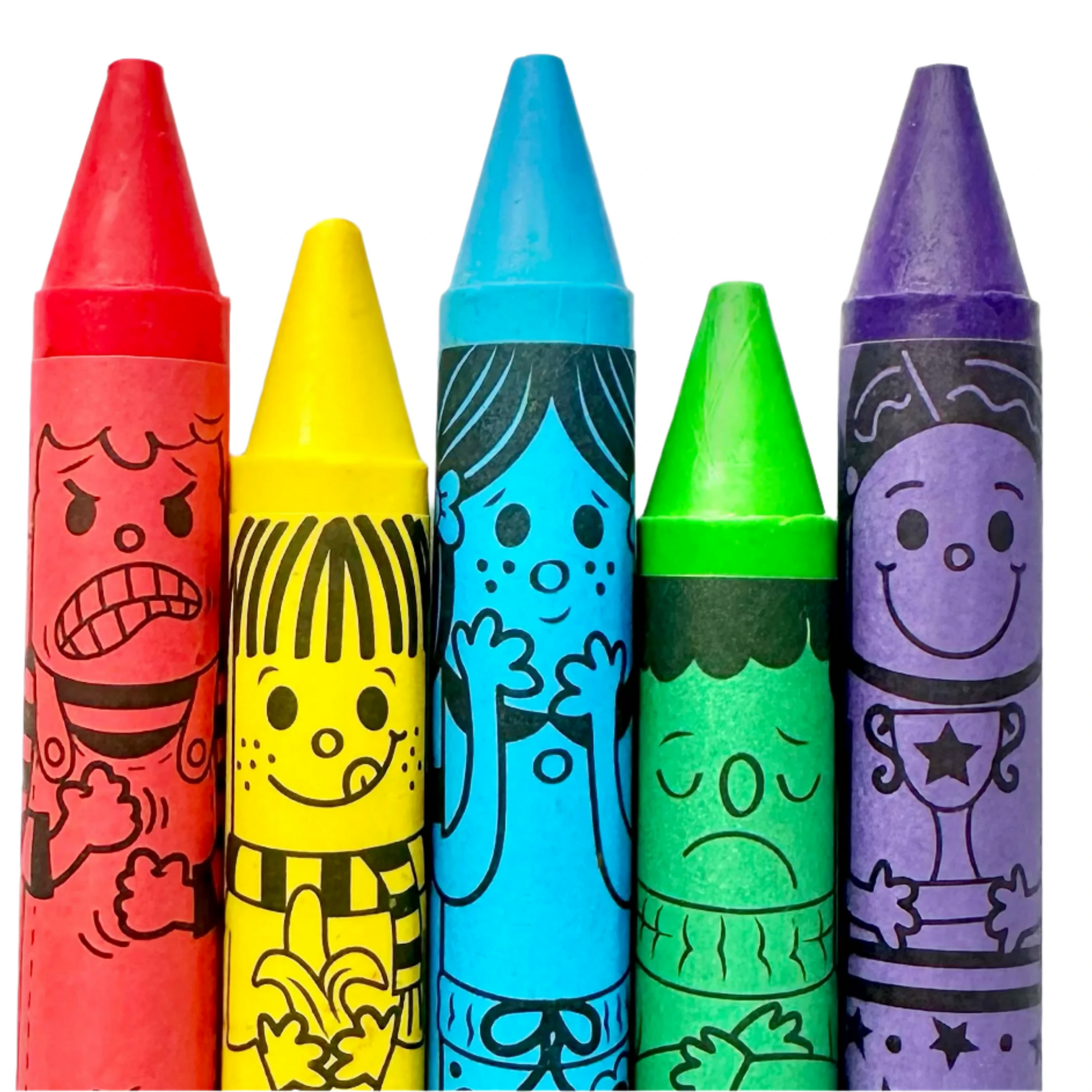 The Bright Stripes House of Crayons, by Bright Stripes, includes five jumbo crayons with fun cartoon faces: red angry, yellow smiling, blue surprised, green sad, and purple happy. These delightful characters add life to any coloring book!.