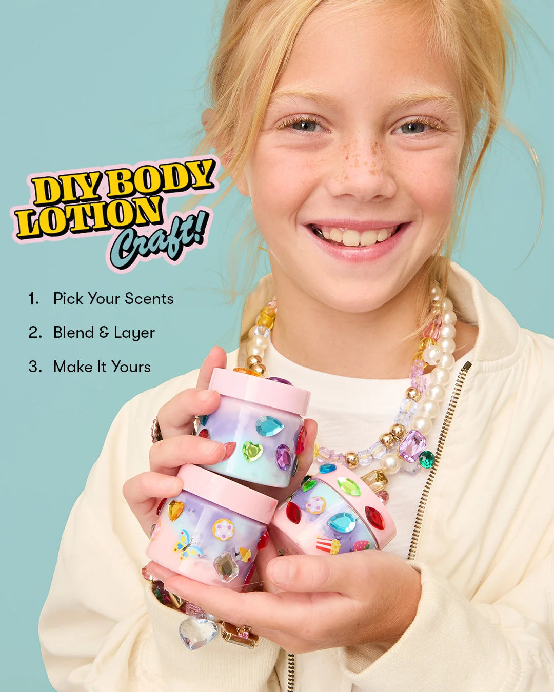 A smiling child holds colorful Create Your Own Body Lotion containers by Super Smalls; image text highlights the steps: pick your scents, blend & layer, and make it yours—perfect for a fun and creative kids body lotion kit activity.