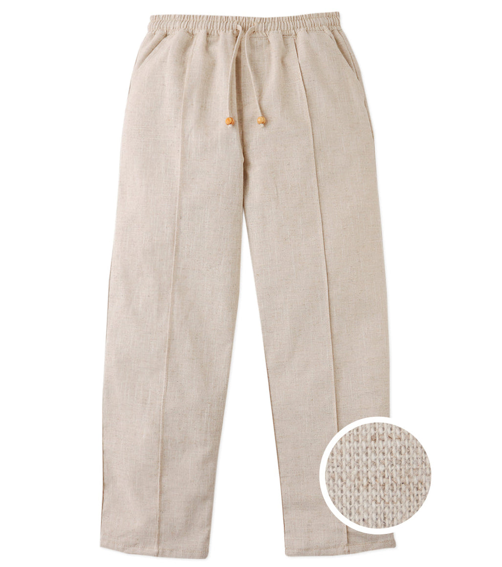 Boys' Erwin Drawstring Trousers by Gingersnaps in beige ramie blend, featuring visible front seams, an elastic waistband, and textured linen-like fabric in a natural hue.