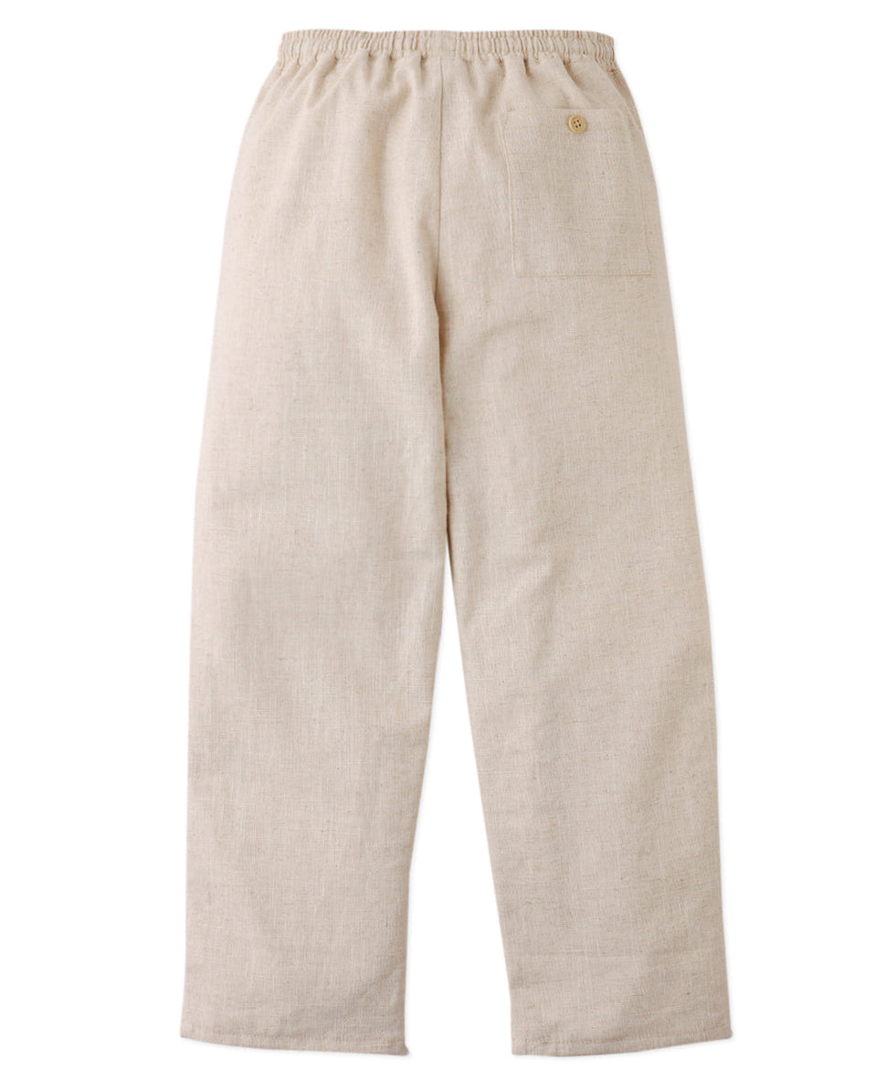 Gingersnaps Boys' Erwin Drawstring Trousers in beige ramie blend, featuring an elastic waistband and a buttoned back pocket, displayed flat on a white background.