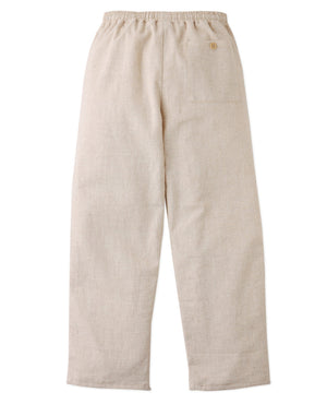 Gingersnaps Boys' Erwin Drawstring Trousers in beige ramie blend, featuring an elastic waistband and a buttoned back pocket, displayed flat on a white background.