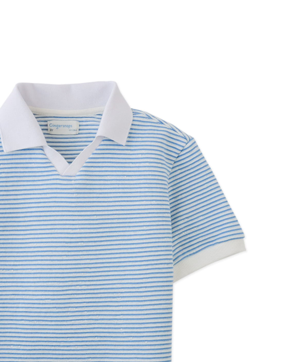 The Gingersnaps Boys' Husker Striped Terry Shirt features blue and white stripes, a white collar, short terry sleeves, and crisp white trim for a fresh, classic look.